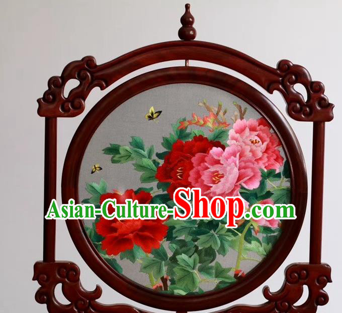 China Handmade Table Ornament Embroidery Peony Flowers Rosewood Desk Screen Suzhou Embroidered Craft