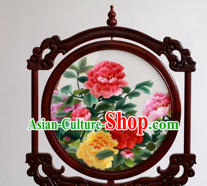 China Embroidery Craft Handmade Table Ornament Suzhou Embroidered Peony Rosewood Desk Screen