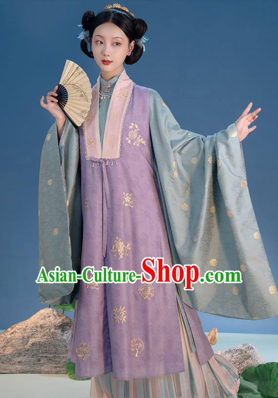 Ancient Hanfu Clothing China Ming Dynasty Court Princess Costumes Embroidered Purple Vest Long Gown and Skirt Complete Set