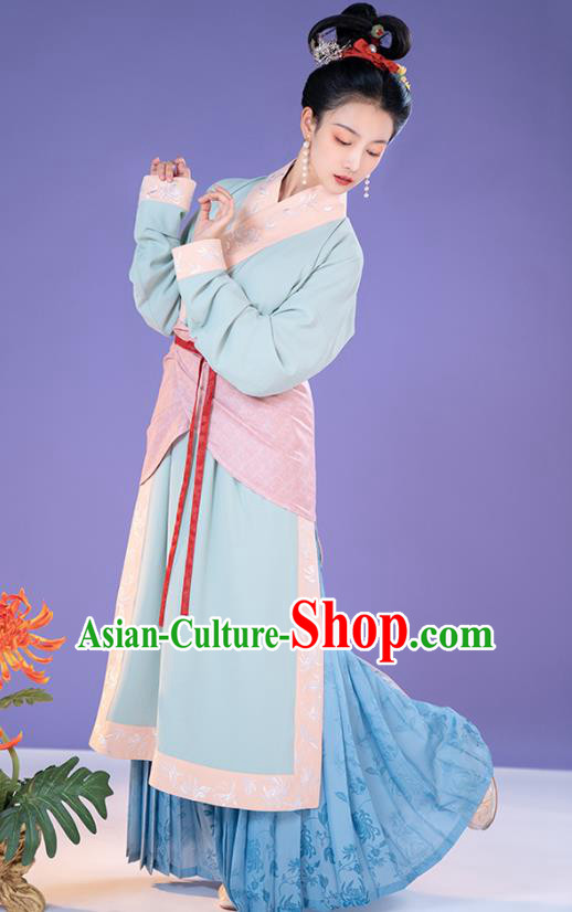 China Ancient Song Dynasty Apparels Country Woman Clothing Blue Hanfu Dress Complete Set