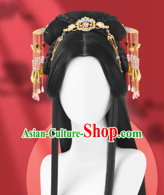 Chinese Ming Dynasty Imperial Empress Wigs Quality Wigs China Best Chignon Wig Ancient Queen Wig Sheath and Tassel Hairpins