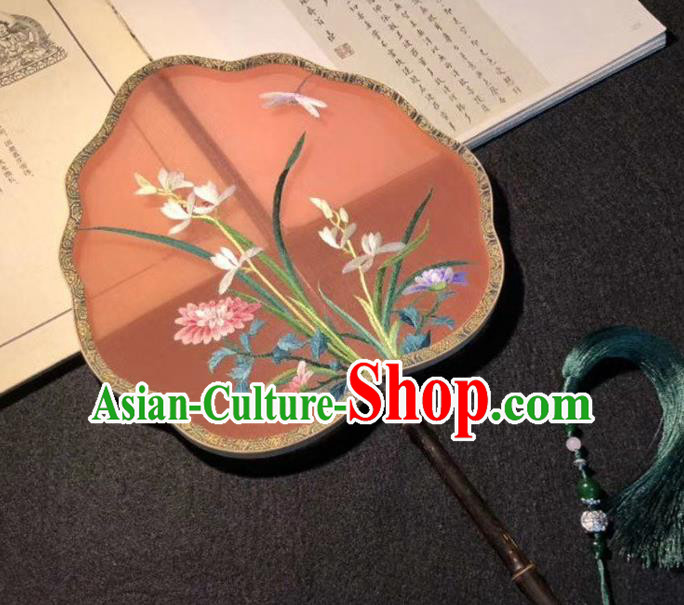 China Suzhou Embroidery Orchids Double Side Fan Palace Fan Classical Dance Silk Fans Ancient Black Bamboo Fan