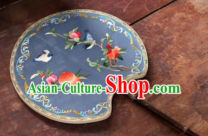 China Classical Dance Blue Silk Fans Ancient Black Bamboo Fan Suzhou Embroidery Pomegranate Double Side Fan Palace Fan