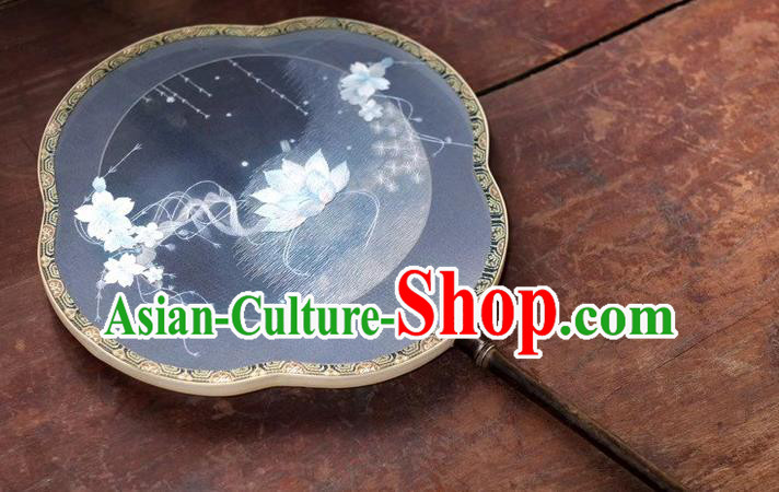 China Suzhou Embroidery Lotus Double Side Fan Classical Dance Silk Fans Ancient Black Bamboo Fan Palace Fan