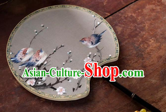 China Suzhou Embroidery Plum Birds Double Side Fan Ancient Black Bamboo Fan Palace Fan Classical Dance Silk Fans