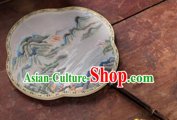 China Suzhou Embroidery Landscape Fan Ancient Black Bamboo Fan Palace Fan Classical Dance Double Side Silk Fans