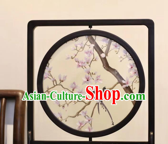 China Embroidery Craft Handmade Table Ornament Suzhou Embroidered Mangnolia Rosewood Desk Screen