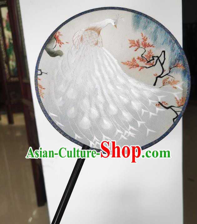China Ancient Palace Fan Wedding Fan Classical Dance Double Side Silk Fans Suzhou Embroidery White Peacock Fan