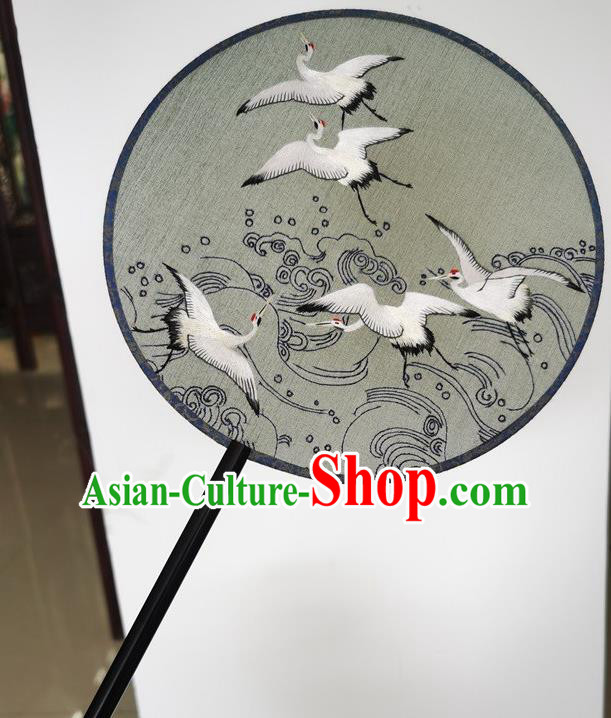 China Classical Dance Double Side Black Silk Fans Wedding Fan Suzhou Embroidery Cranes Fan Ancient Palace Fan