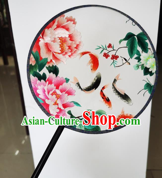 China Ancient Princess Palace Fan Handmade Round Fan Suzhou Embroidery Peony Fishes Silk Fan Double Side Fans