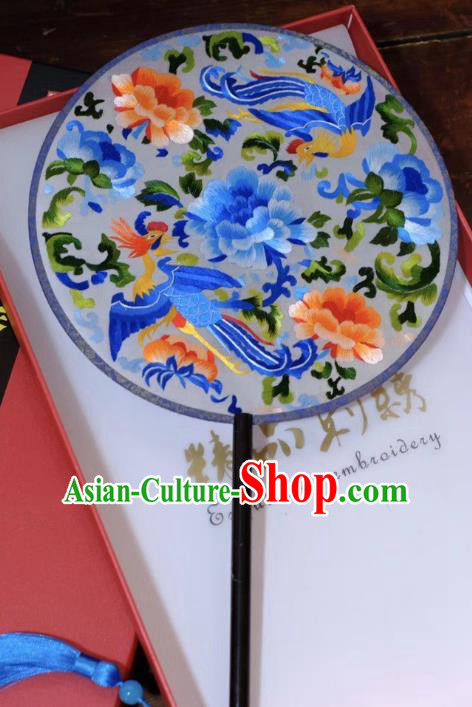 China Embroidery Phoenix Peony Palace Fan Ancient Qing Dynasty Court Fans Handmade Suzhou Double Side Fans Silk Fan