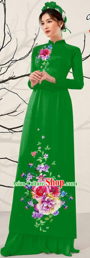 Asian Vietnam Green Aodai Qipao Dress Traditional Vietnamese Costumes Classical Printing Flowers Cheongsam and Pants for Women