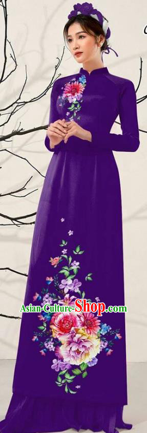 Asian Vietnam Purple Ao Dai Qipao Dress Traditional Vietnamese Costumes Classical Printing Flowers Cheongsam and Pants for Women