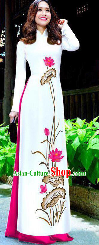 Asian Vietnam Ao Dai Qipao Traditional Vietnamese Cheongsam Costumes Classical Hand Painting Lotus Dress and Rosy Pants for Women