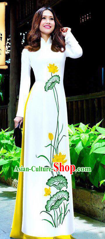 Asian Vietnam Ao Dai Qipao Traditional Vietnamese Cheongsam Costumes Classical Hand Painting Lotus Dress and Yellow Pants for Women