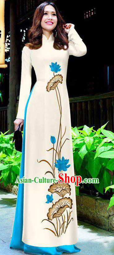Asian Vietnam Ao Dai Qipao Traditional Vietnamese Cheongsam Costumes Classical Hand Painting Lotus Dress and Blue Pants for Women
