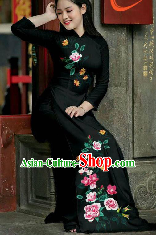 Asian Vietnam Printing Roses Ao Dai Qipao Traditional Vietnamese Cheongsam Costumes Classical Black Dress and Pants for Women