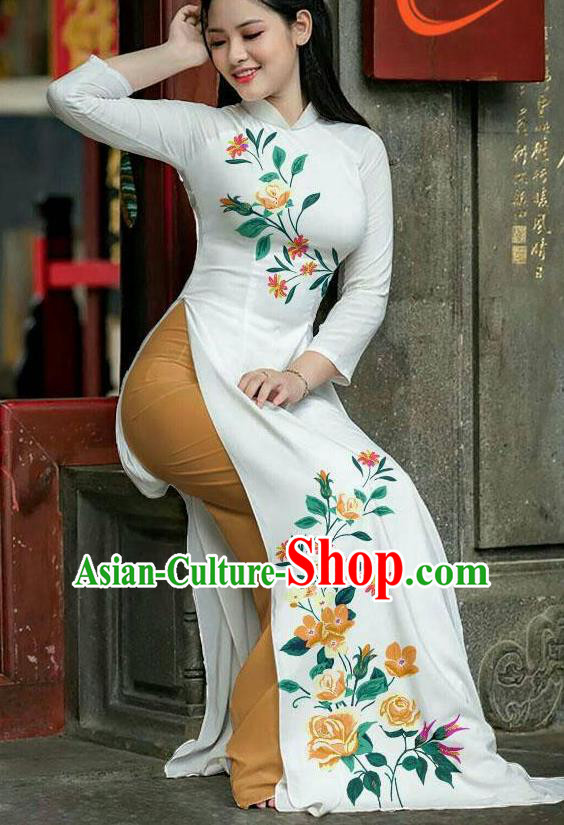 Asian Vietnam Printing Roses Ao Dai Qipao Traditional Vietnamese Cheongsam Costumes Classical Dress and Ginger Pants for Women