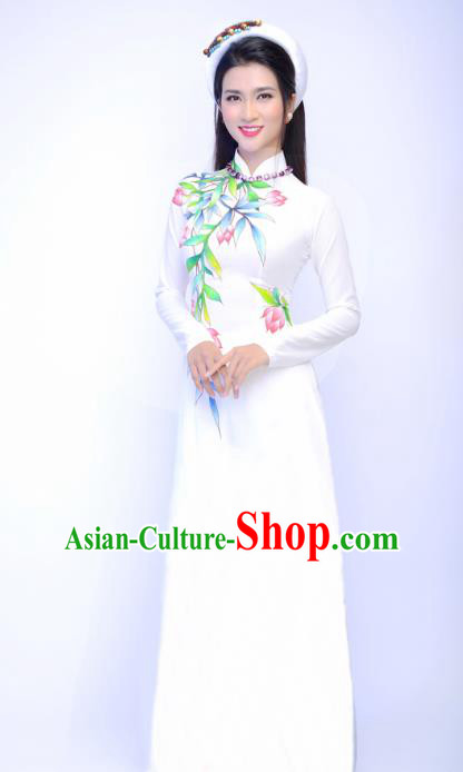 Asian Vietnam Printing Bamboo Flowers Ao Dai Qipao Traditional Vietnamese Cheongsam Costumes Classical White Dress and Pants for Women