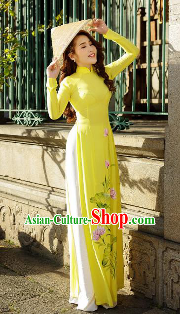 Asian Vietnam Printing Lotus Ao Dai Qipao Traditional Vietnamese Cheongsam Costumes Classical Yellow Dress and Pants for Women