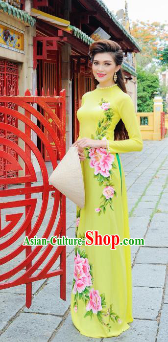 Asian Vietnam Hand Painting Peony Ao Dai Qipao Traditional Vietnamese Cheongsam Costumes Classical Yellow Dress and Pants for Women