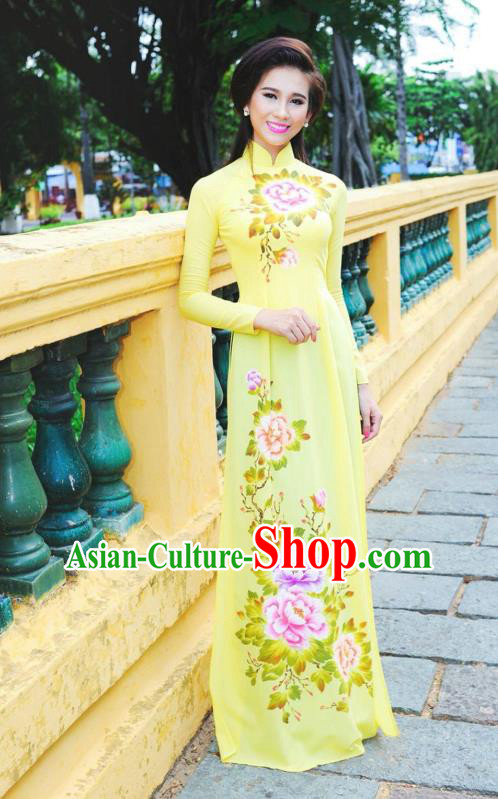 Asian Vietnam Ao Dai Qipao Traditional Vietnamese Cheongsam Costumes Classical Hand Painting Peony Yellow Dress and Pants for Women