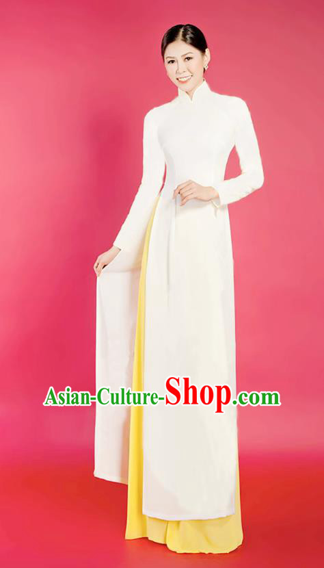 Asian Vietnam Ao Dai Qipao Traditional Vietnamese Cheongsam Costumes Classical White Dress and Yellow Loose Pants for Women