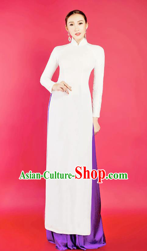 Asian Vietnam Ao Dai Qipao Traditional Vietnamese Cheongsam Costumes Classical White Dress and Purple Loose Pants for Women