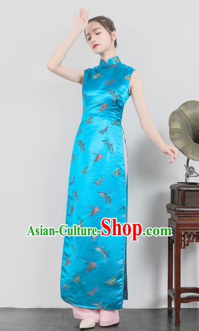 Asian Vietnam Classical Butterfly Pattern Ao Dai Qipao Traditional Vietnamese Cheongsam Costumes Blue Silk Dress and Loose Pants for Women