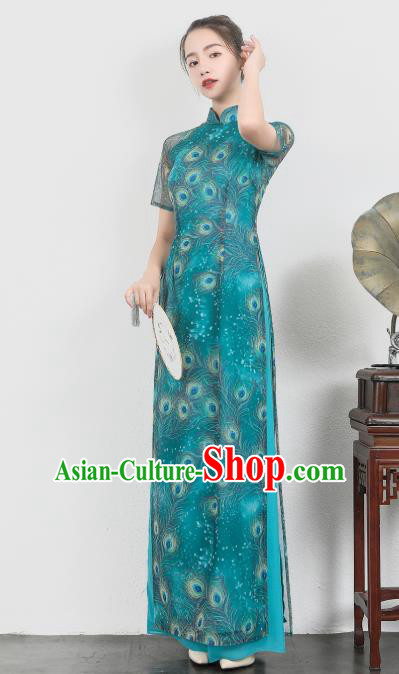 Asian Vietnam Classical Peacock Pattern Ao Dai Qipao Traditional Vietnamese Cheongsam Costumes Blue Dress and Loose Pants for Women