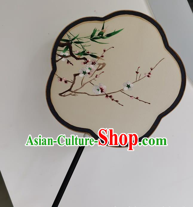 China Ancient Court Lady Fans Traditional Handmade Embroidered Palace Fan Double Side Fan Embroidery Plum Bamboo Silk Fan