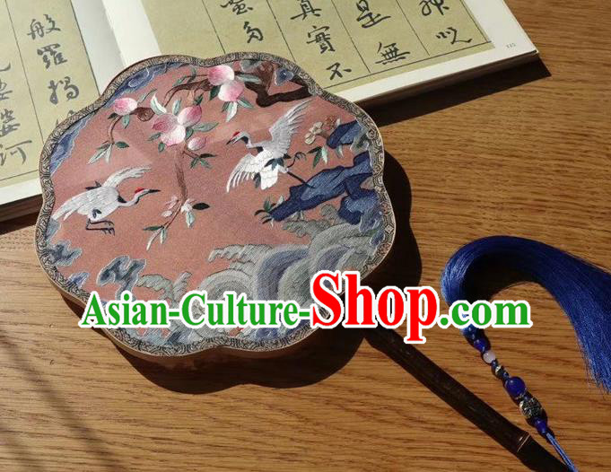 China Embroidery Peach Cranes Pink Silk Fan Traditional Handmade Embroidered Palace Fan Ancient Court Lady Fans Double Side Fan