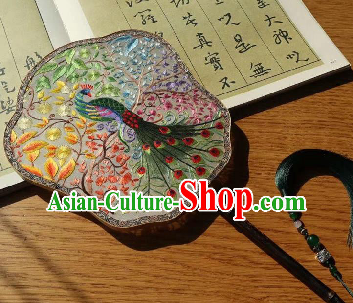 China Embroidery Peacock Silk Fan Traditional Ancient Court Lady Fans Double Side Fan Handmade Embroidered Palace Fan