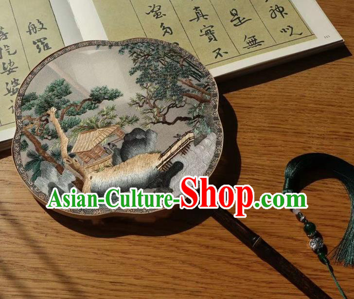 China Ancient Court Lady Fans Handmade Traditional Embroidered Ginger Silk Palace Fan Embroidery Pine Double Side Fan