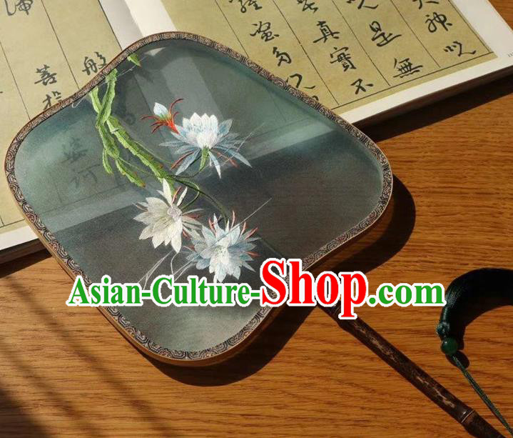 China Handmade Ancient Court Lady Green Silk Fans Traditional Embroidered Palace Fan Embroidery Epiphyllum Double Side Fan