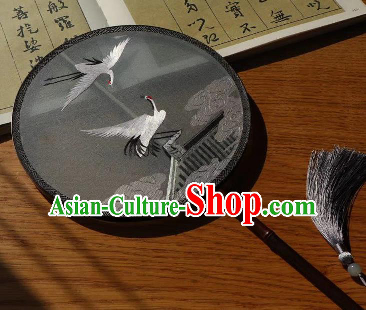 China Handmade Embroidery Cloud Cranes Double Side Silk Fan Traditional Embroidered Palace Fan Round Fans