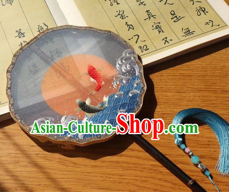 China Traditional Embroidered Palace Fan Handmade Embroidery Wave Carps Double Side Silk Fan Princess Fan