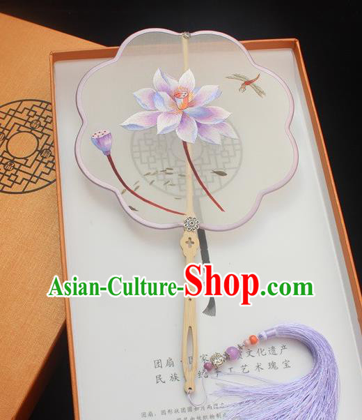 China Classical Embroidery Lilac Lotus Pattern Silk Fan Traditional Embroidered Palace Fan Ancient Handmade Princess Double Side Fan