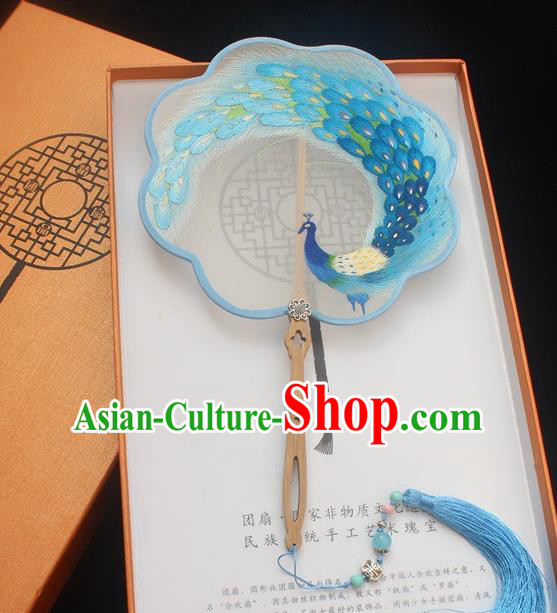 China Traditional Embroidered Palace Fan Ancient Handmade Princess Double Side Fan Classical Embroidery Blue Peacock Pattern Silk Fan