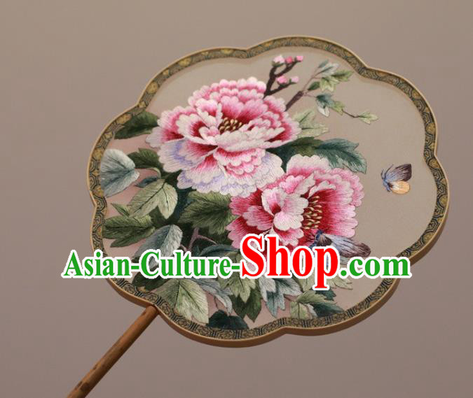 China Embroidery Peony Palace Fan Classical Silk Fan Handmade Double Side Embroidered Fan Traditional Court Fan