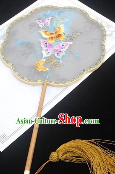 China Handmade Double Side Embroidered Fan Traditional Court Fan Classical Silk Fan Embroidery Butterfly Palace Fan