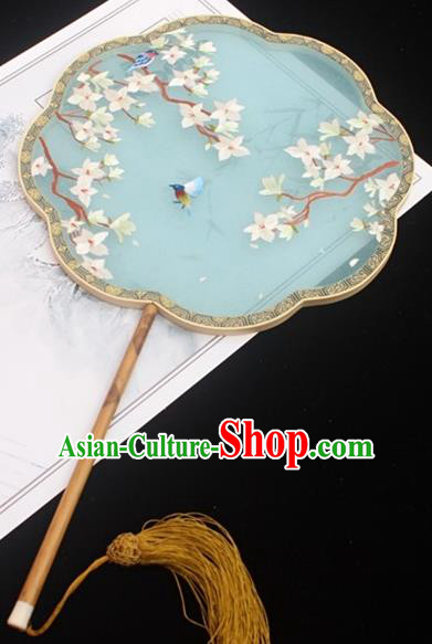 China Traditional Court Fans Embroidery Palace Fan Classical Blue Silk Fan Handmade Double Side Embroidered Fan