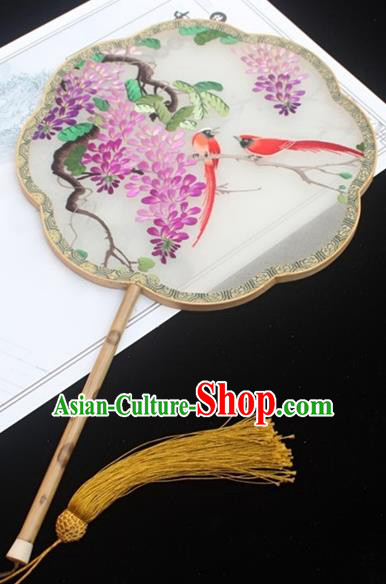 China Classical White Silk Fan Handmade Double Side Embroidered Fan Traditional Court Princess Fans Embroidery Wisteria Palace Fan