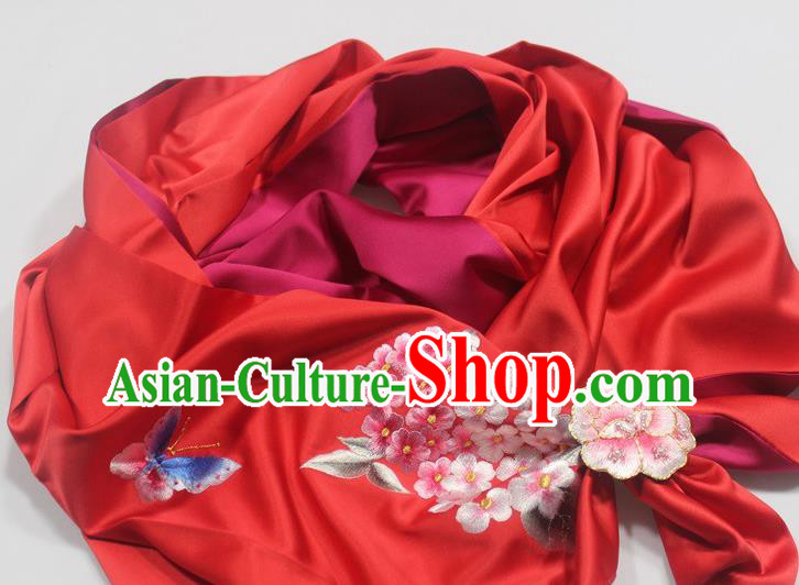 Chinese Traditional Cheongsam Collar Accessories Embroidered Plum Blossom Red Silk Scarf with Brooch