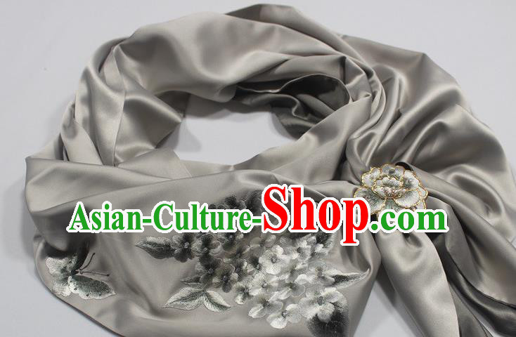 Chinese Embroidered Plum Blossom Grey Silk Scarf Traditional Cheongsam Accessories Top Grade Tippet with Brooch