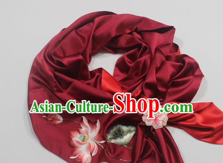 Top Grade Chinese Traditional Cheongsam Accessories Embroidered Lotus Scarf Wine Red Silk Tippet with Brooch
