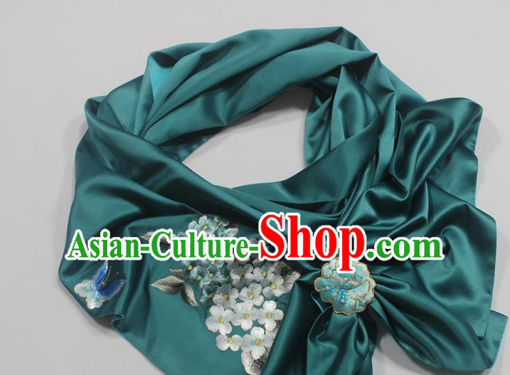 Top Grade Embroidered Plum Blossom Teal Silk Tippet with Brooch Chinese Traditional Cheongsam Scarf Accessories