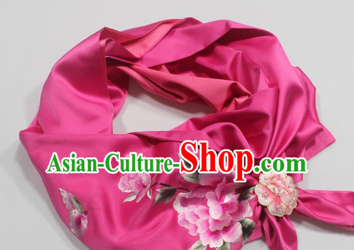 Chinese Traditional Cheongsam Scarf Accessories with Brooch Rosy Silk Embroidered Peony Tippet