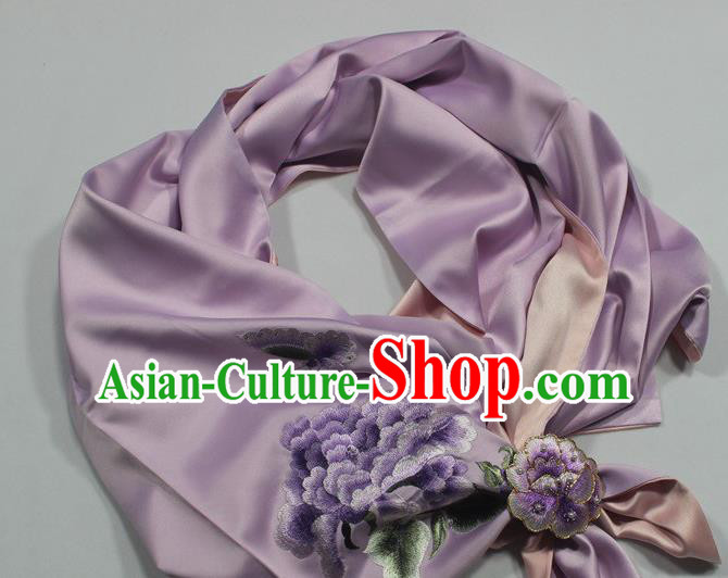 Chinese Cheongsam Accessories Traditional Embroidered Peony Scarf Lalic Silk Tippet with Brooch