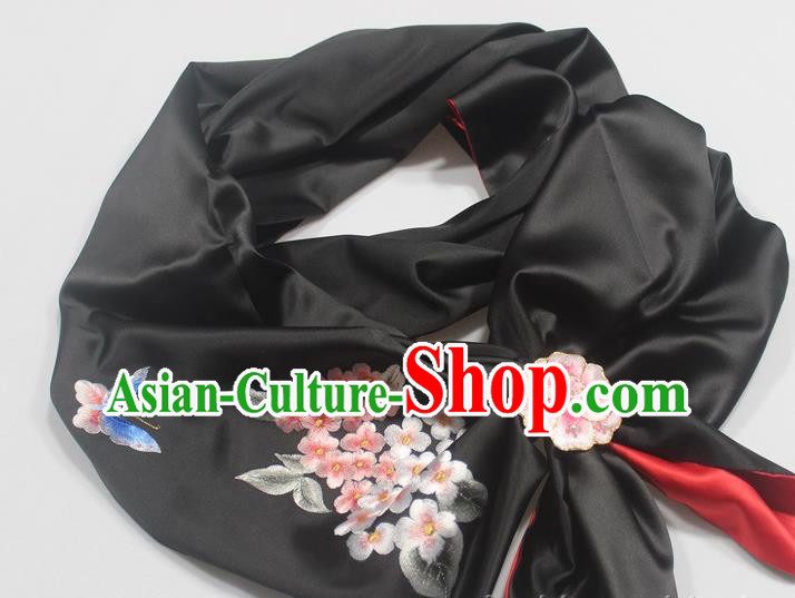 Chinese Black Silk Tippet Traditional Embroidered Plum Butterfly Scarf Cheongsam Accessories with Brooch